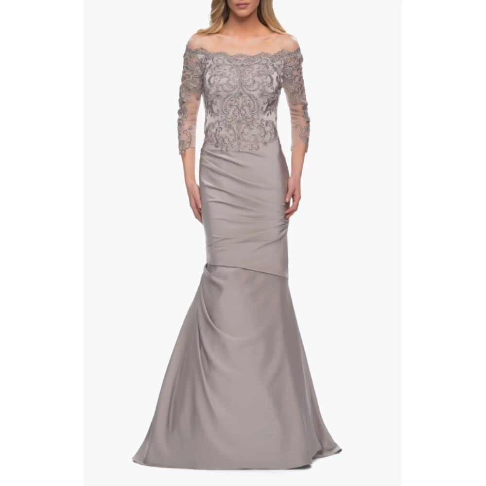 La Femme Satin Mermaid Gown Off the Shoulder Lace Bodice Silver Size 8 NWT 29324